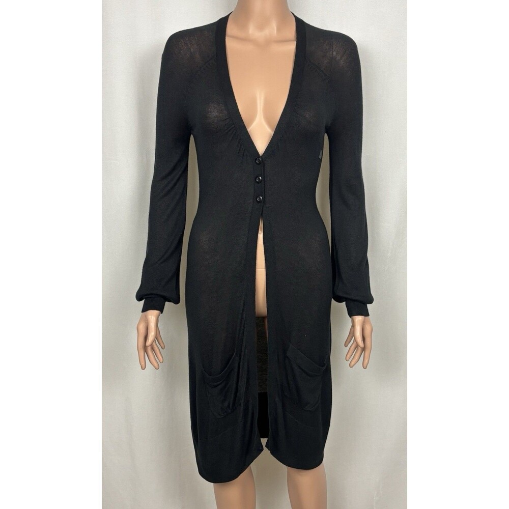 Express Y2K Sheer Longline Duster Cardigan Black Deep V-Neck Button Front Size S